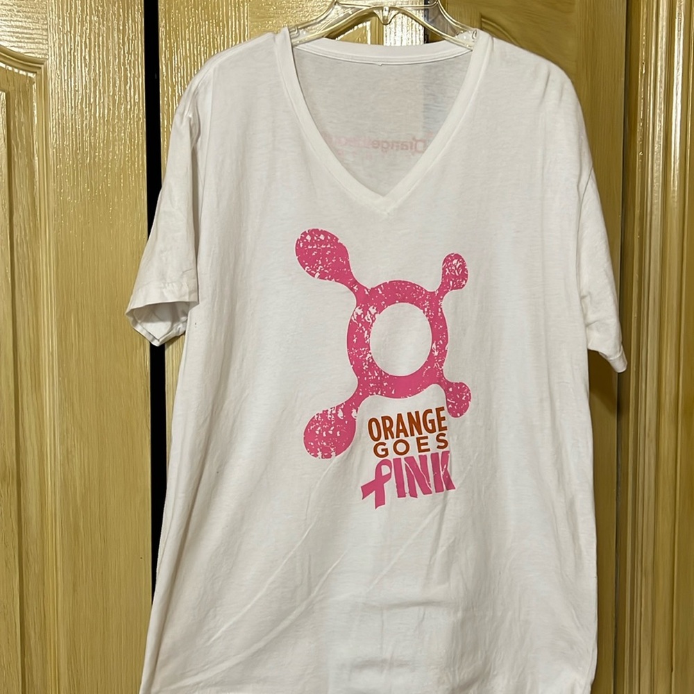 ORANGE THEORY V-Neck T-Shirt “Orange Goes Pink”Breast Cancer Awareness